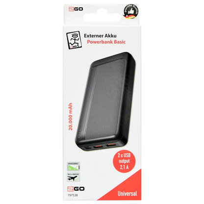 Powerbank - 20000 mAh - 2 x USB A - 4 Status-LED - schwarz - Verpackung