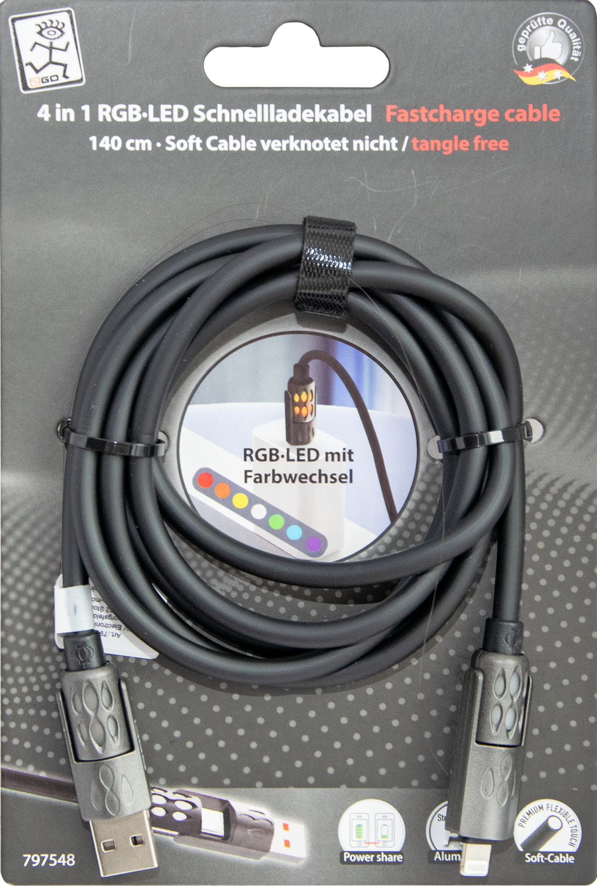 4 in 1 Multi Schnelllade- & Datenkabel - USB A / USB Type-C auf 8-Pin (Lightning) / USB Type-C - 140 cm - anthrazit