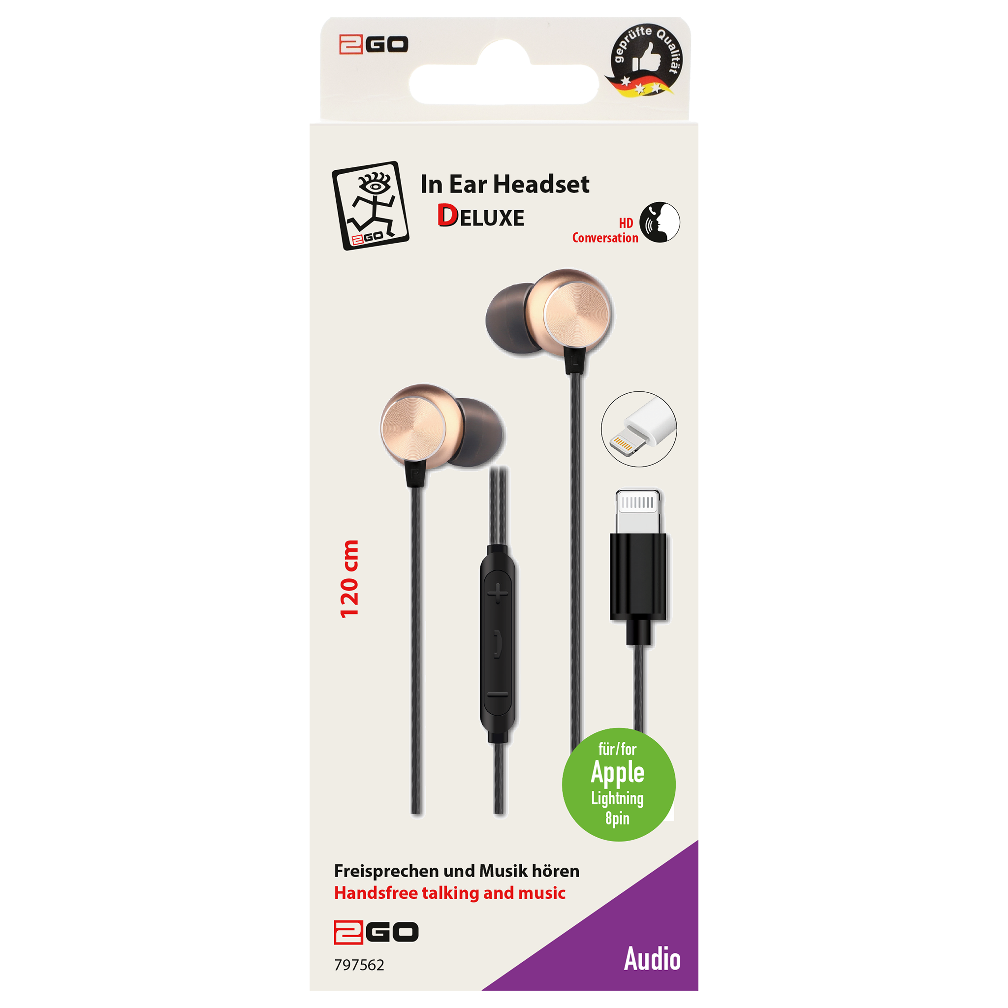 In-Ear-Headset "Deluxe" - Rufannahme - Lautstärkeregelung - 120 cm Kabellänge - 8-Pin (Lightning) - schwarz/gold - Verpackung