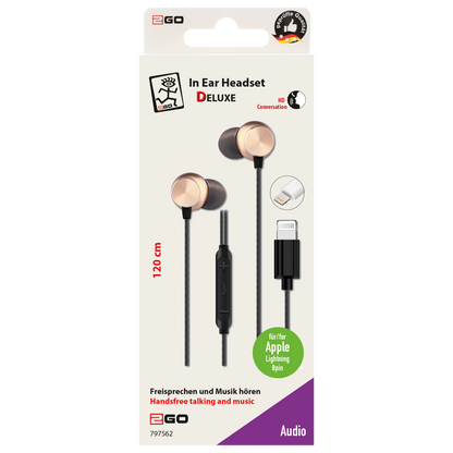In-Ear-Headset "Deluxe" - Rufannahme - Lautstärkeregelung - 120 cm Kabellänge - 8-Pin (Lightning) - schwarz/gold - Verpackung
