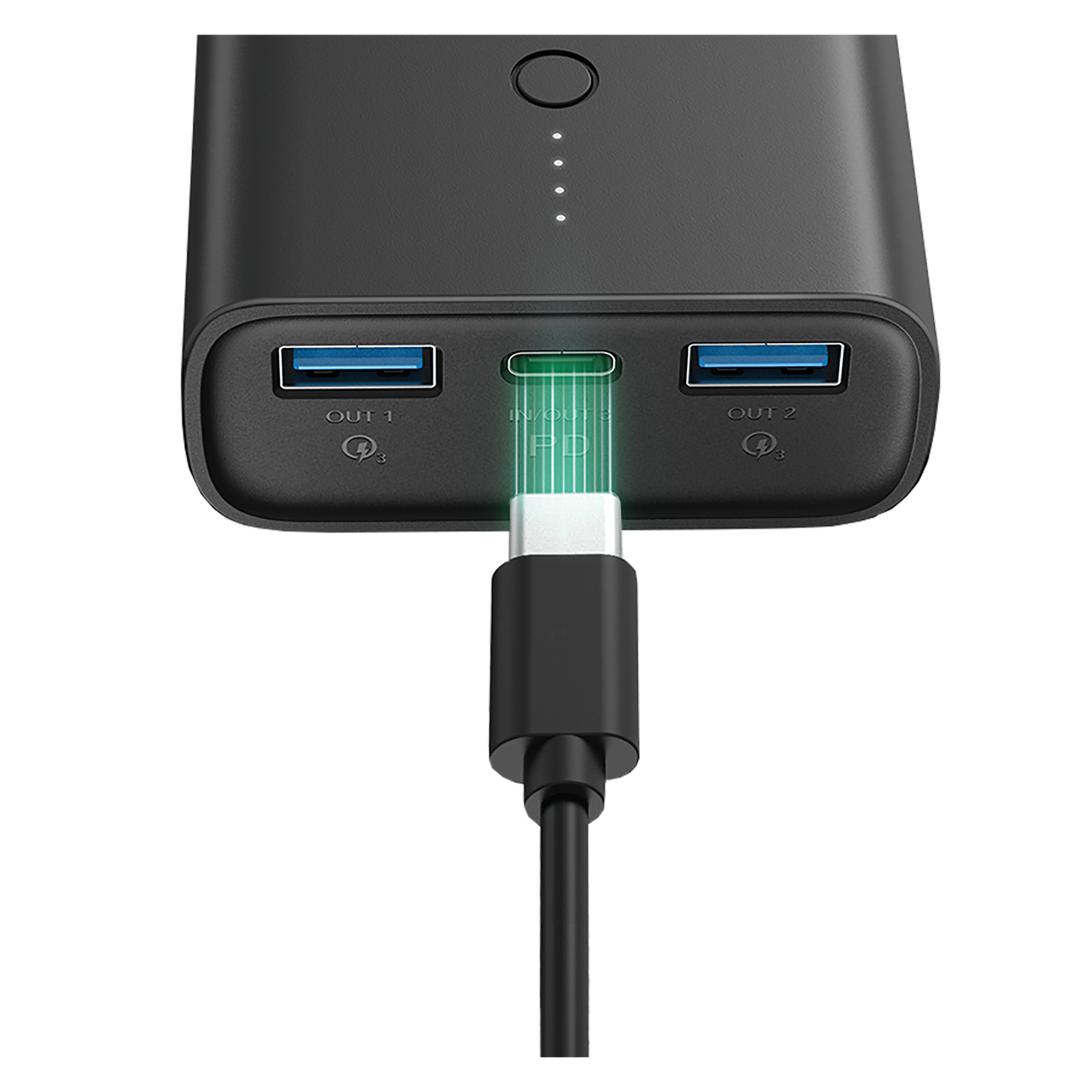 Powerbank 10000 mAh - 2x USB A - 1x USB Type-C - durchladefähig - schwarz - Anschlüsse mit Kabel