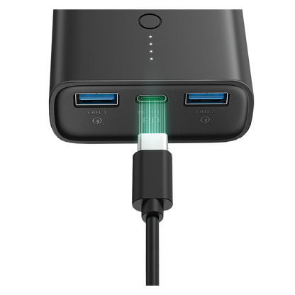 Powerbank 10000 mAh - 2x USB A - 1x USB Type-C - durchladefähig - schwarz - Anschlüsse mit Kabel