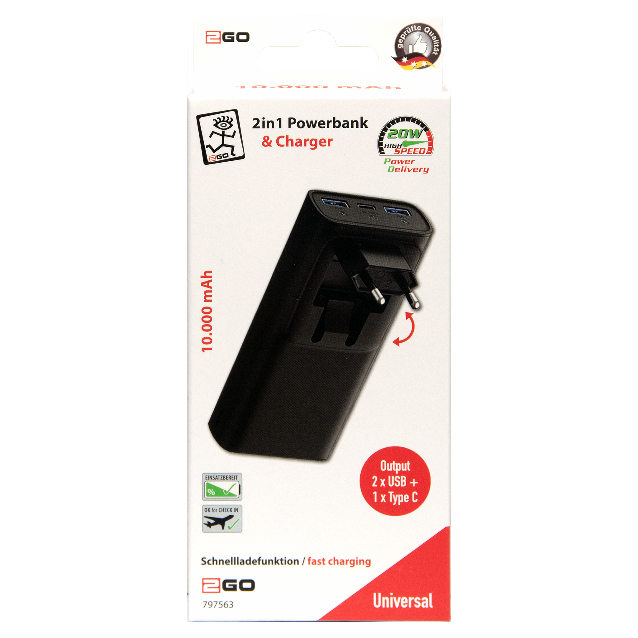 Powerbank 10000 mAh - 2x USB A - 1x USB Type-C - durchladefähig - schwarz - Verpackung