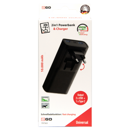 Powerbank 10000 mAh - 2x USB A - 1x USB Type-C - durchladefähig - schwarz - Verpackung