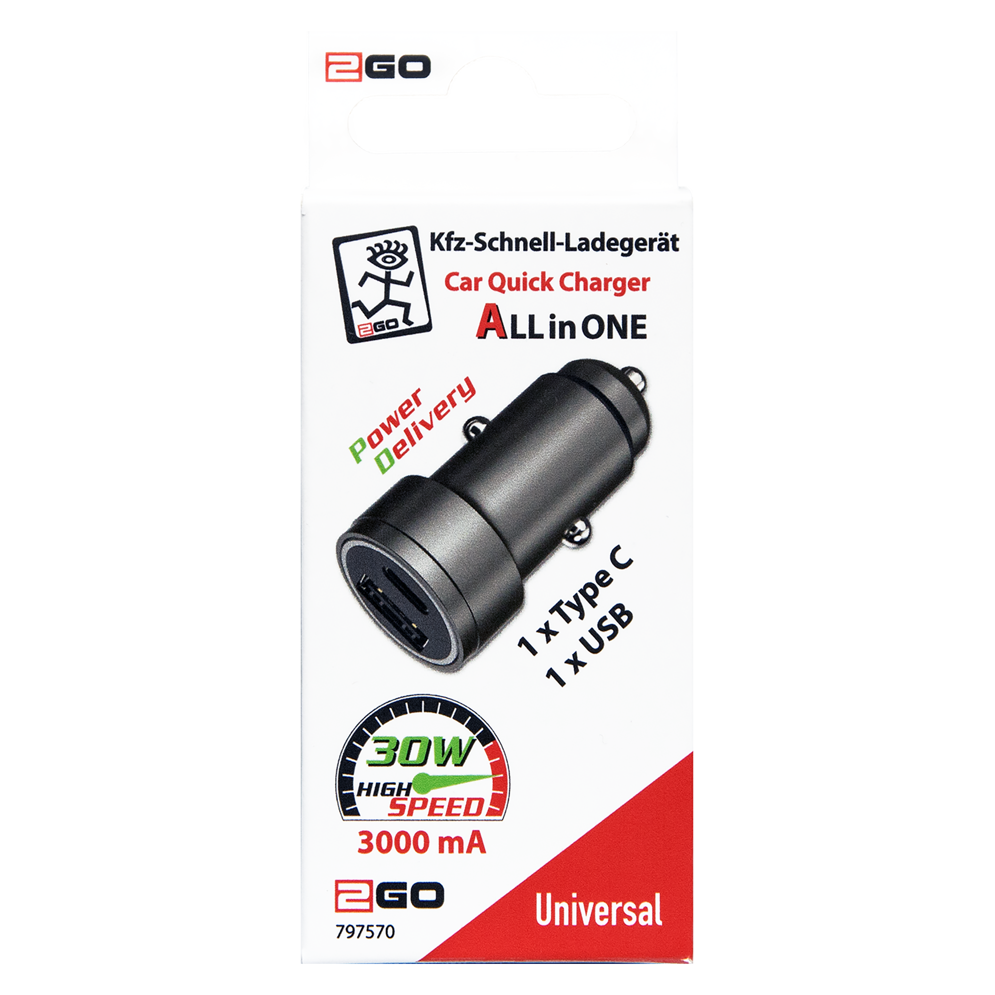USB Kfz-Ladegerät - 1 x USB A - 1 x - USB Type-C - 3000 ma - anthrazit - Verpackung
