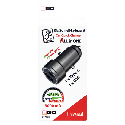 USB Kfz-Ladegerät - 1 x USB A - 1 x - USB Type-C - 3000 ma - anthrazit - Verpackung