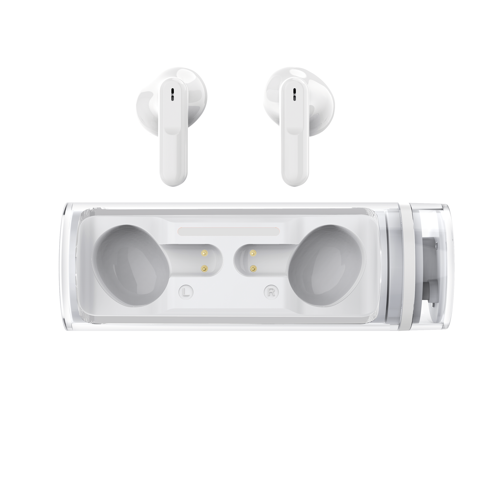 Bluetooth Headset "Twist" - ergonomisch - extrem leicht - weiß - Ladebox mit Hörer daneben