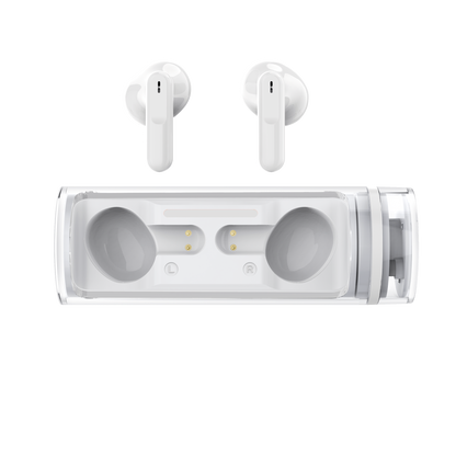 Bluetooth Headset "Twist" - ergonomisch - extrem leicht - weiß - Ladebox mit Hörer daneben
