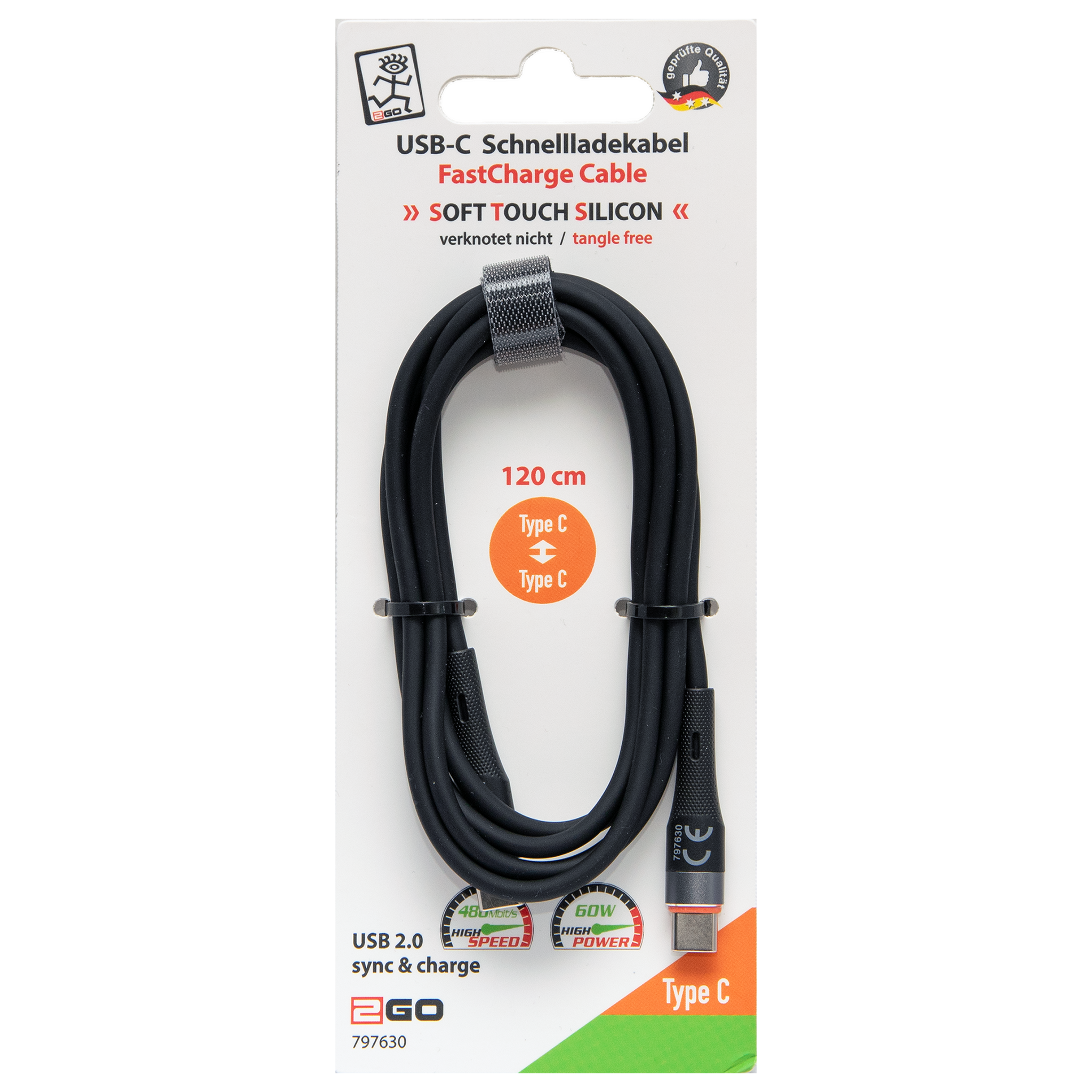 USB Kabel - USB Type-C auf USB Type-C - Silikon - 60 W - 480 MBps - 120 cm - schwarz - Verpackung