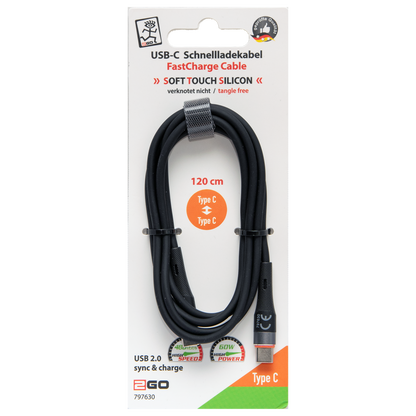 USB Kabel - USB Type-C auf USB Type-C - Silikon - 60 W - 480 MBps - 120 cm - schwarz - Verpackung