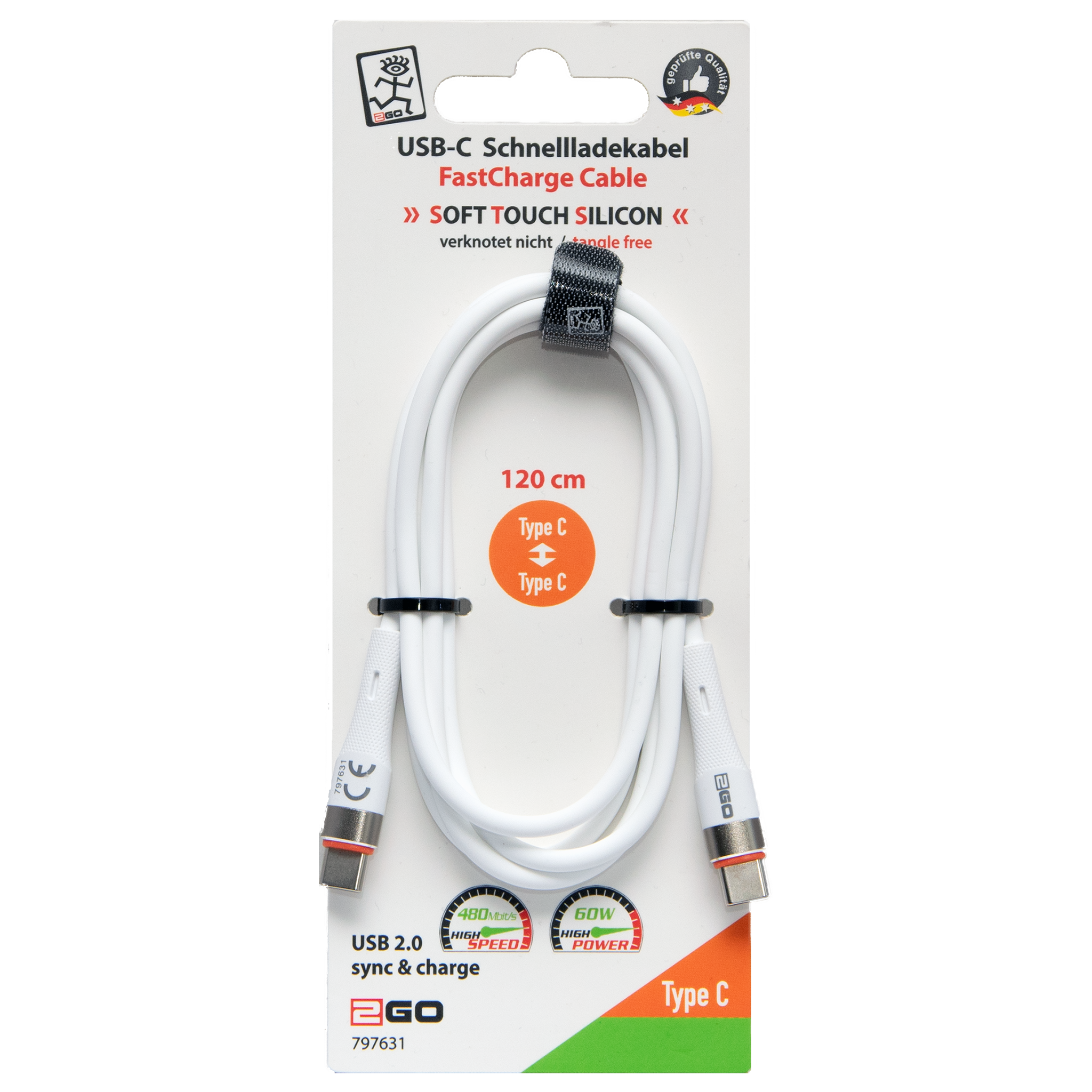 USB Kabel - USB Type-C auf USB Type-C - Silikon - 60 W - 480 MBps - 120 cm - weiß - Verpackung
