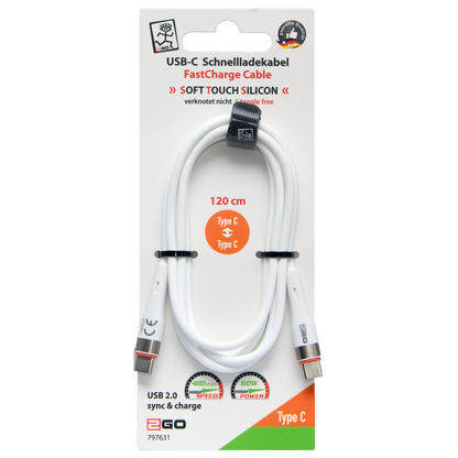 USB Kabel - USB Type-C auf USB Type-C - Silikon - 60 W - 480 MBps - 120 cm - weiß - Verpackung