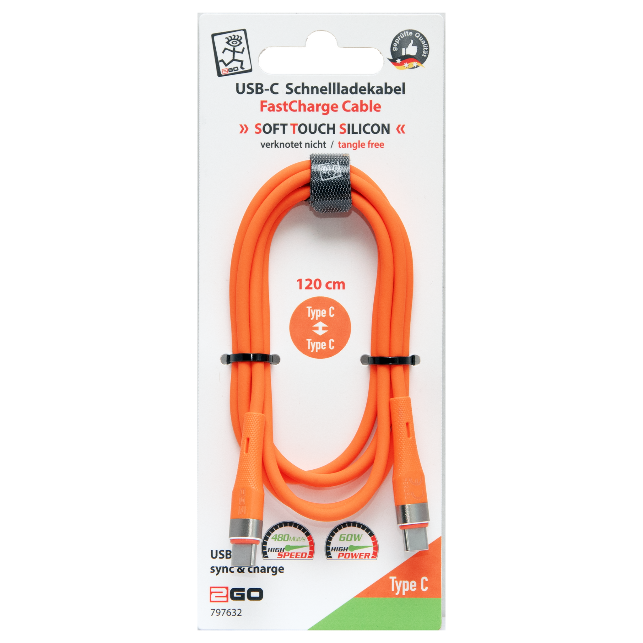 USB Kabel - USB Type-C auf USB Type-C - Silikon - 60 W - 480 MBps - 120 cm - orange - Verpackung