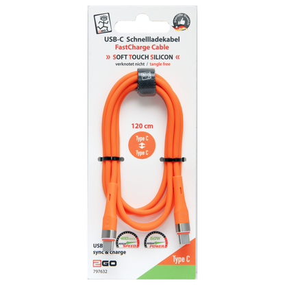 USB Kabel - USB Type-C auf USB Type-C - Silikon - 60 W - 480 MBps - 120 cm - orange - Verpackung