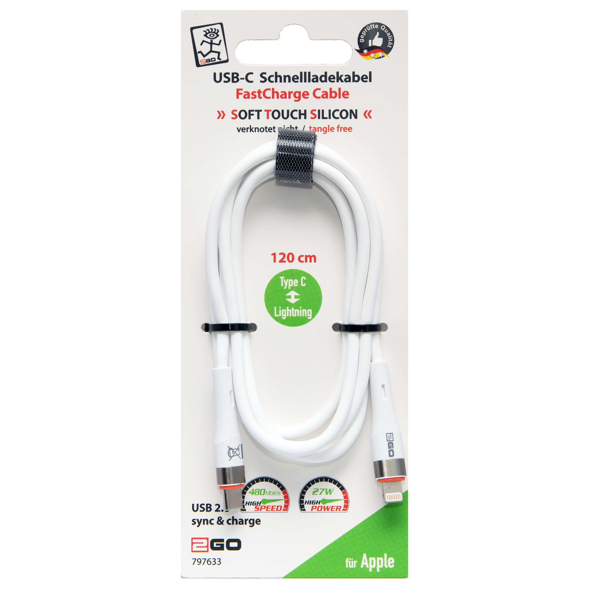 USB Datenkabel - USB Type-C auf 8-Pin (Lightning) - Soft Touch Silikon - 120 cm - verschiedene Farben