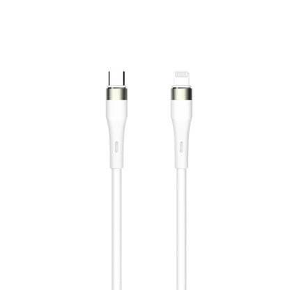 Weißes 2GO USB-C auf Lightning Kabel mit Soft-Touch-Silikon und verstärkten Steckern.
