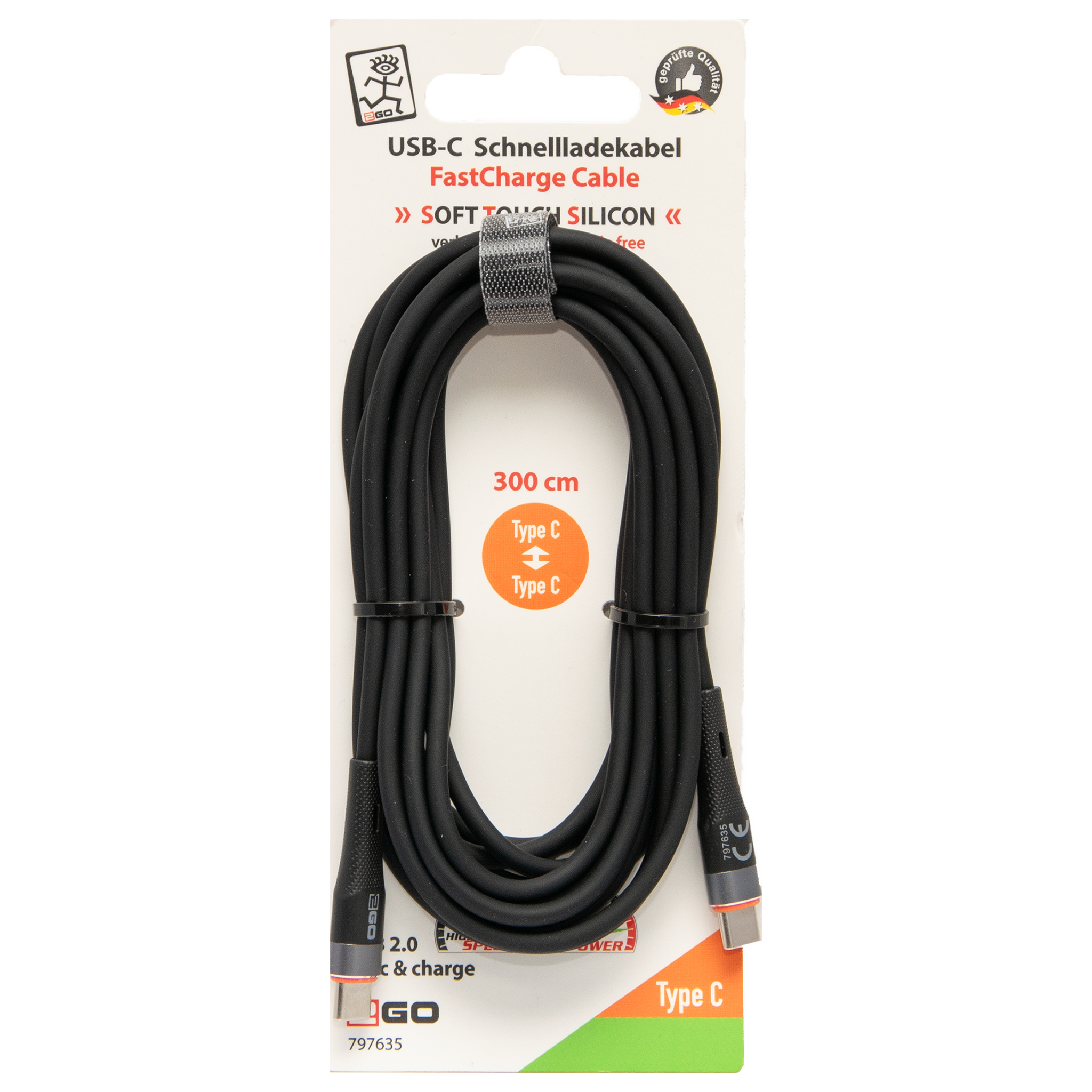 USB Kabel - USB Type-C auf USB Type-C - Silikon - 60 W - 480 MBps - 300 cm - schwarz - Verpackung