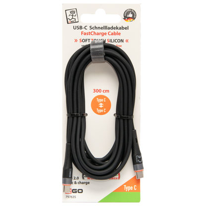 USB Kabel - USB Type-C auf USB Type-C - Silikon - 60 W - 480 MBps - 300 cm - schwarz - Verpackung