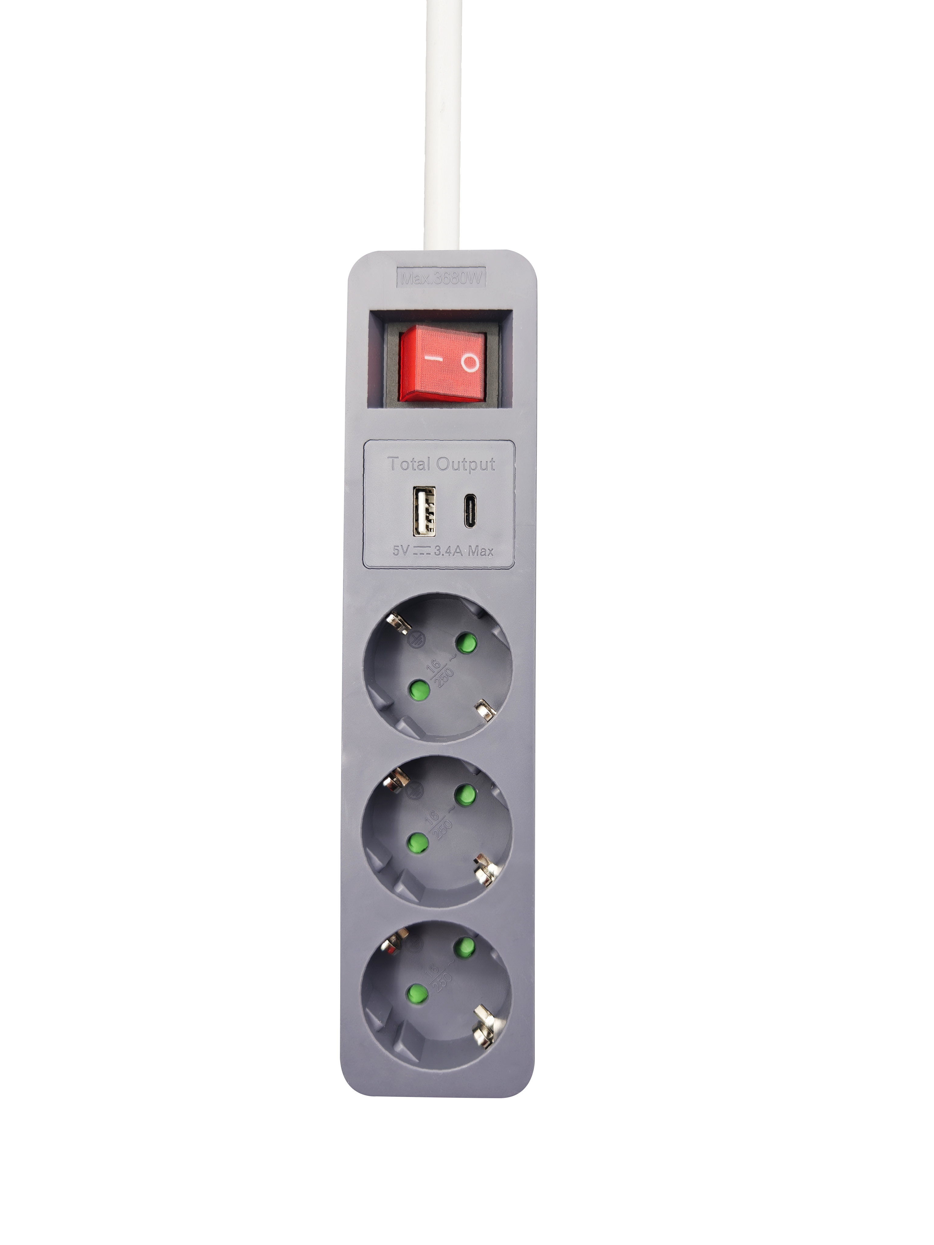 Steckdosenleiste 3-fach mit beleuchtetem Schalter - zusätzliche USB A & USB Type-C Buchse - 3400 mA - 16A - 3680W - 140cm - weiß/grau