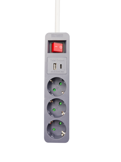 Steckdosenleiste 3-fach mit beleuchtetem Schalter - zusätzliche USB A & USB Type-C Buchse - 3400 mA - 16A - 3680W - 140cm - weiß/grau