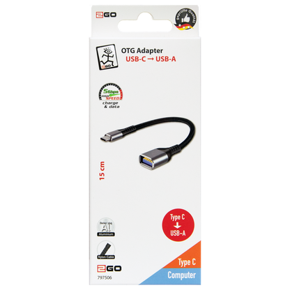 OTG Adapter - USB Type-C auf USB A - USB 3.0 - Nylonmantel - Aluminiumstecker - silber